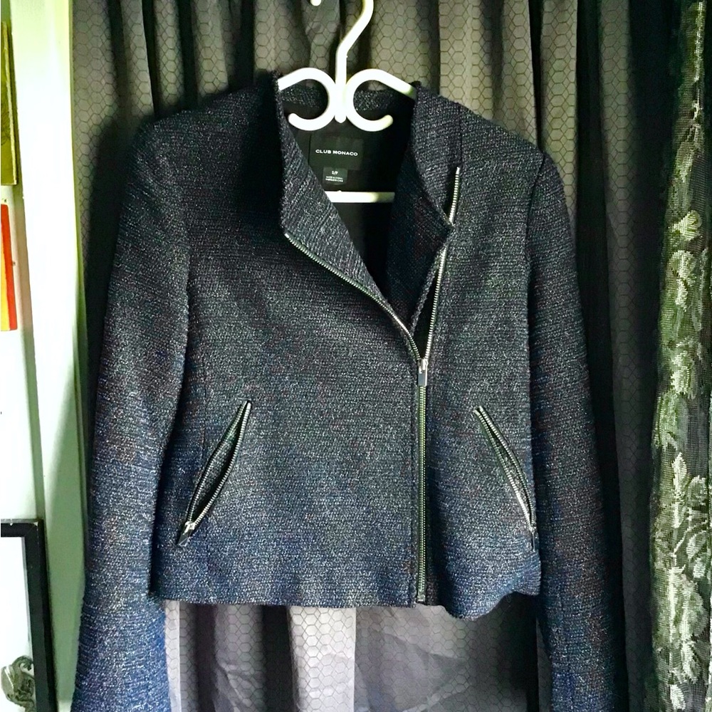- Club Monaco  cropped navy and gold blazer or jacket